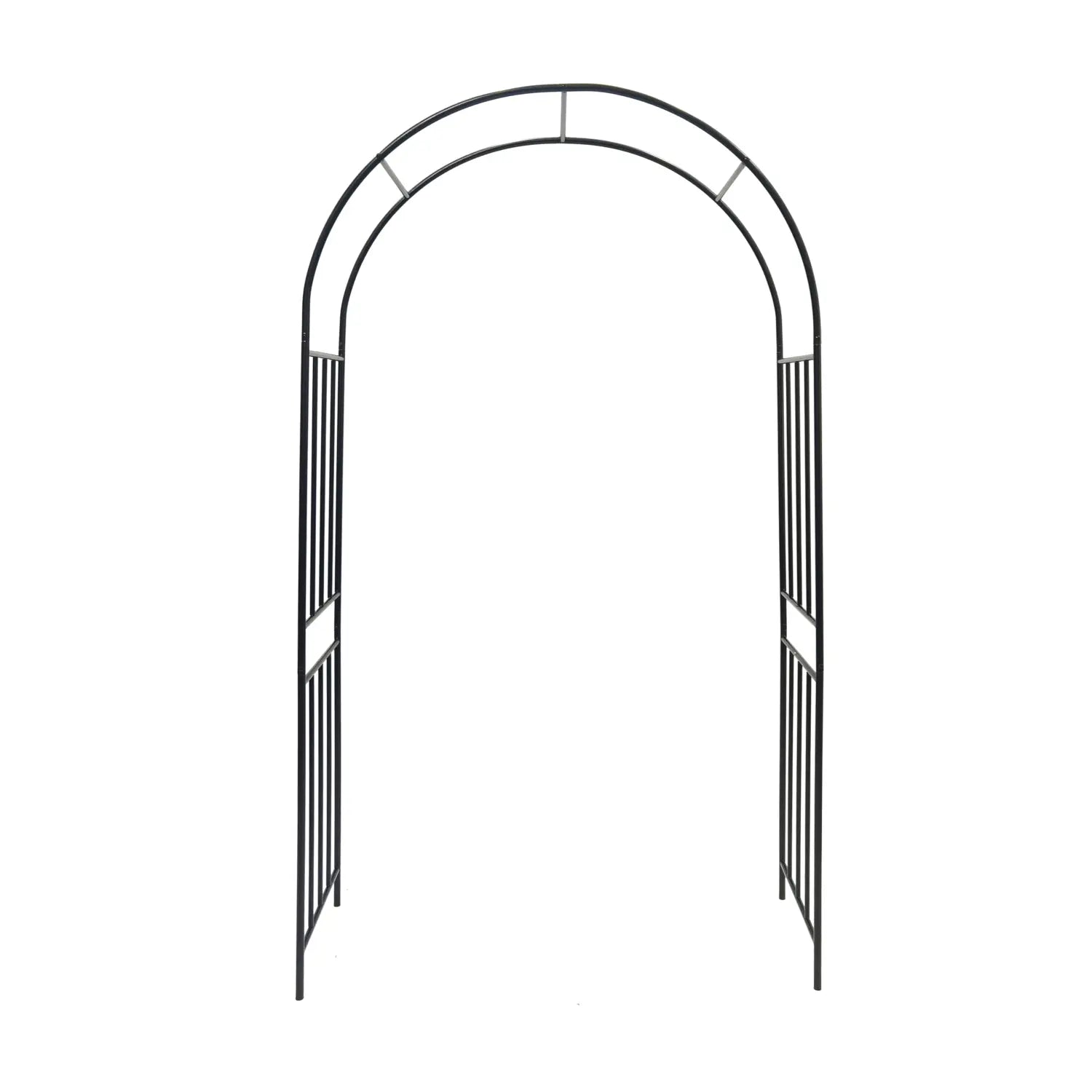 Black metal garden arch with vertical slats and a curved top made of wrought iron designed as a rose arbor for garden use.