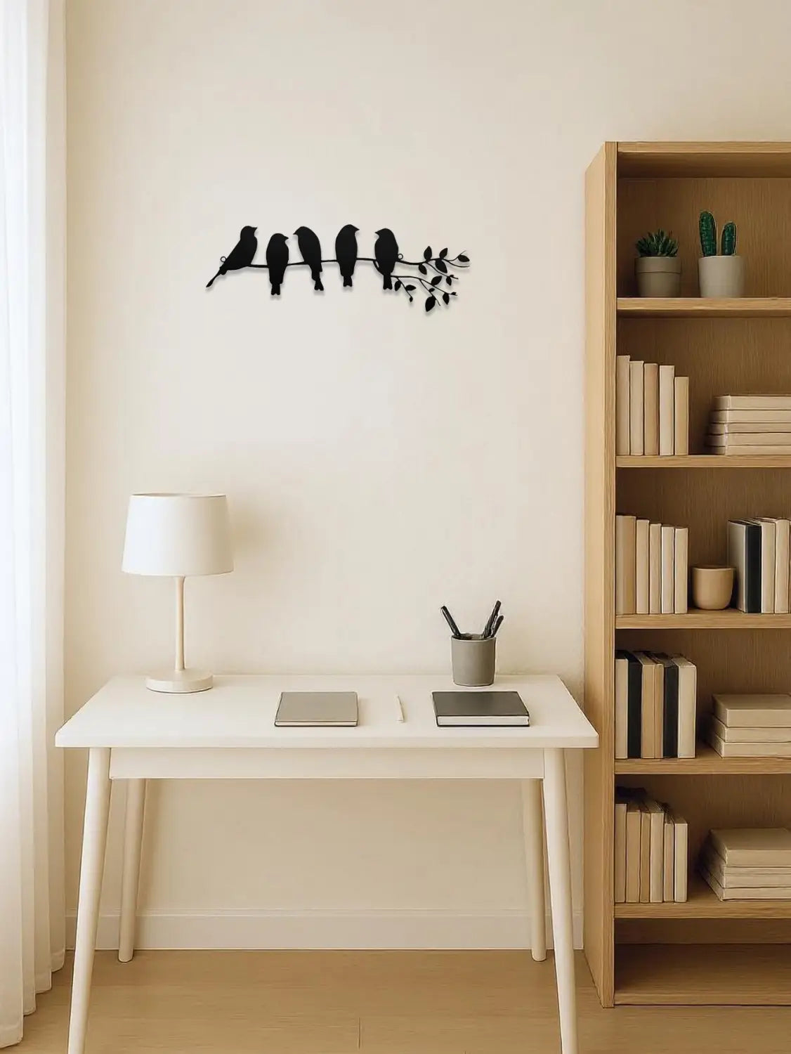 Décoration murale en métal noir présentant une silhouette de cinq oiseaux perchés sur une branche, dans un design de sculpture décorative.