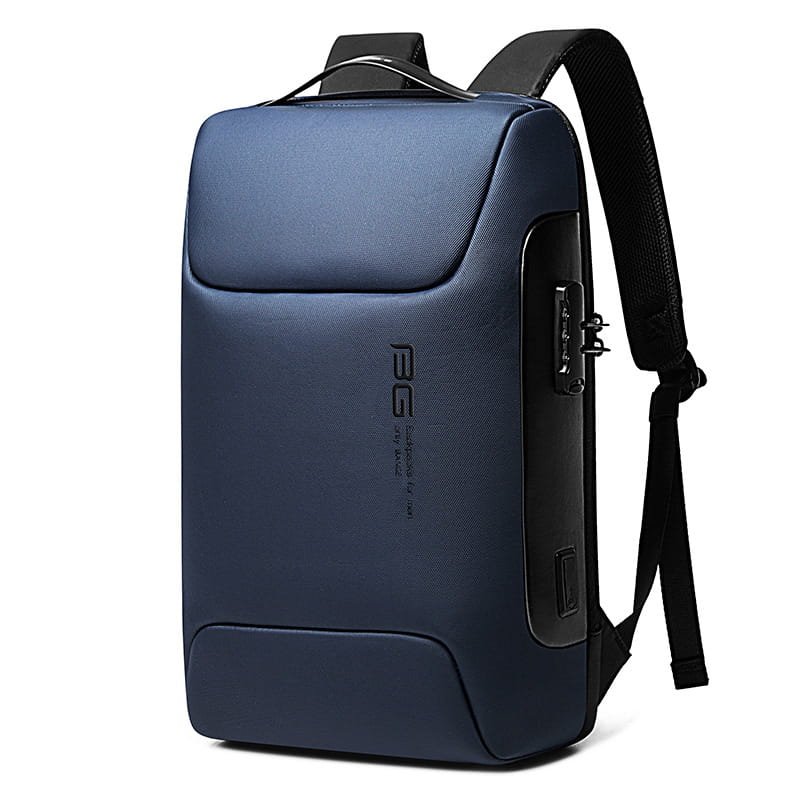Dunkelblauer wasserdichter Business-Laptop-Rucksack mit schwarzen Trägern, eleganter Gestaltung, seitlichem Verriegelungsmechanismus und integriertem USB-Anschluss.
