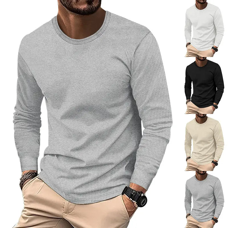 Men’s long sleeve waffle knit thermal pullover in gray featuring a subtle textured weave and crew neck style.