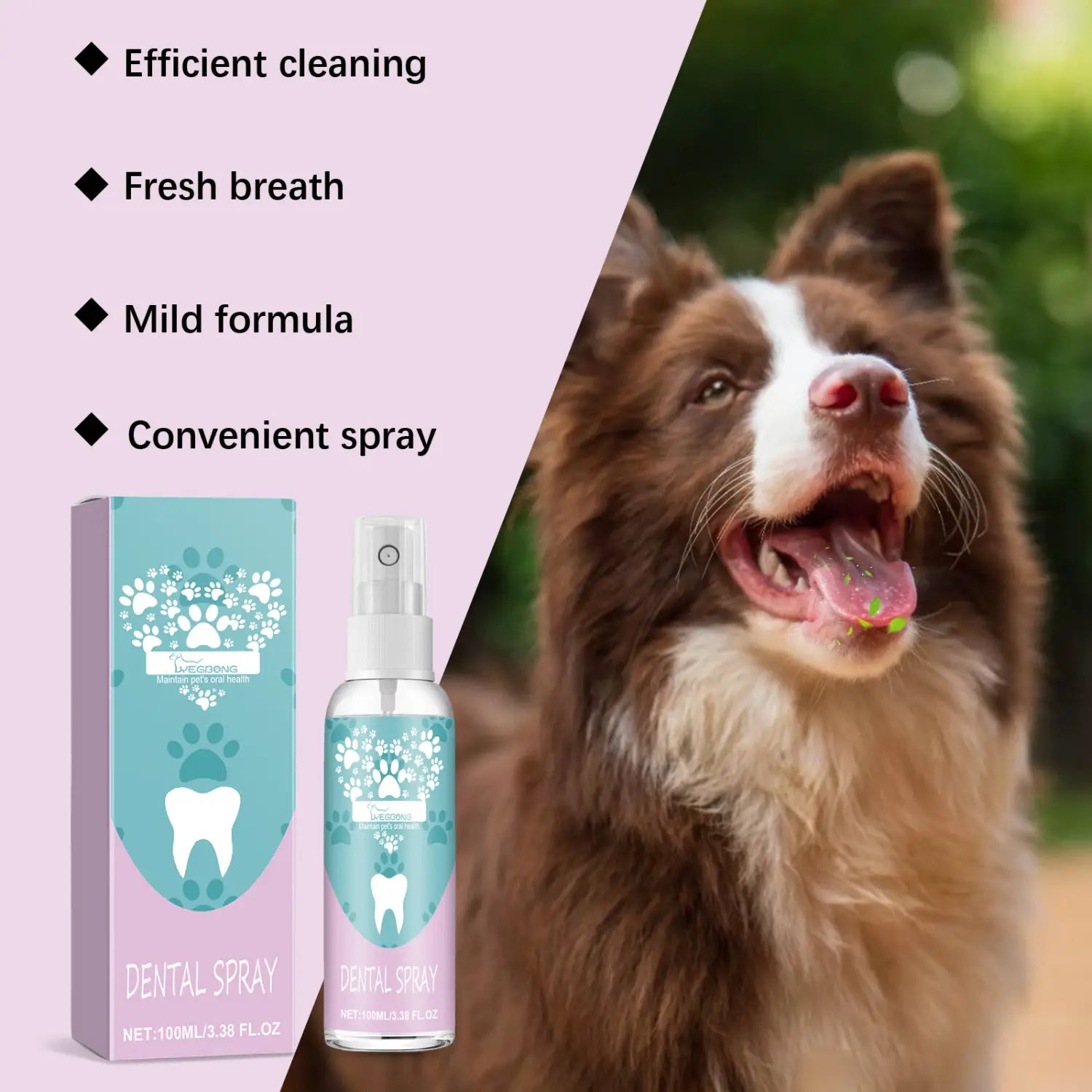 Vaporisateur transparent avec embout blanc, empreinte de patte bleu clair et étiquette représentant une dent, accompagné d’une boîte assortie pour le spray dentaire buccal pour animaux de compagnie, l’hygiène bucco-dentaire et le rafraîchissement de l’haleine.