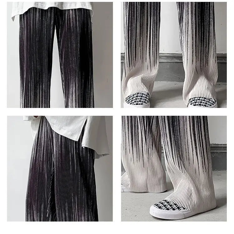 Pantalons décontractés à jambes larges à plis en dégradé pour hommes en noir et blanc, avec un dégradé du foncé au clair et un tissu texturé qui capte la lumière.