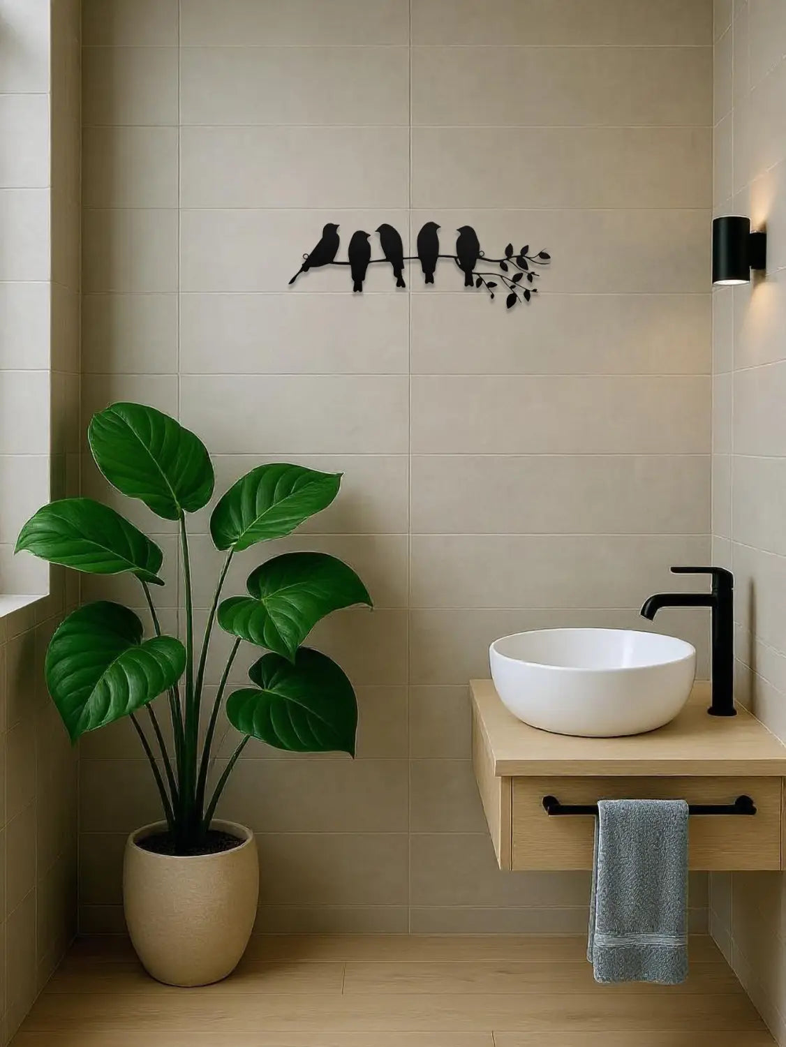 Décoration murale en métal noir représentant un oiseau, avec une sculpture en silhouette de cinq oiseaux perchés sur une branche
