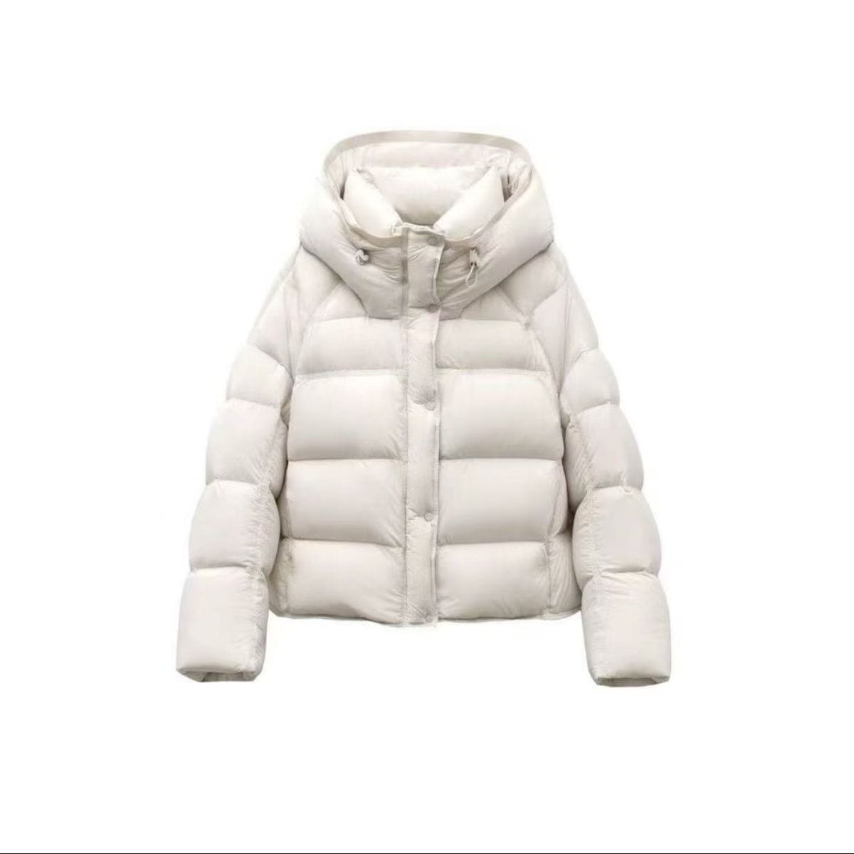 Chaqueta acolchada de plumón color blanco marfil para mujer con capucha y cierre frontal con botones, adecuada para la ropa de invierno.