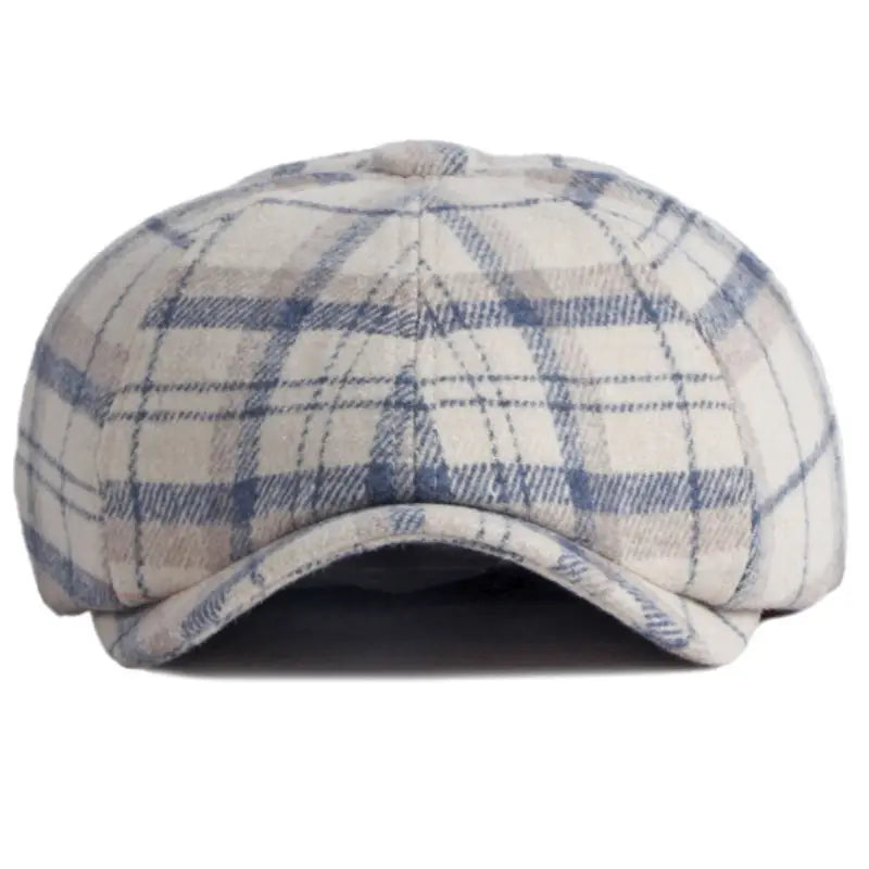 A cream and blue plaid woolen flat cap with a structured six-panel design is featured in the plaid woolen octagonal hat for women.
