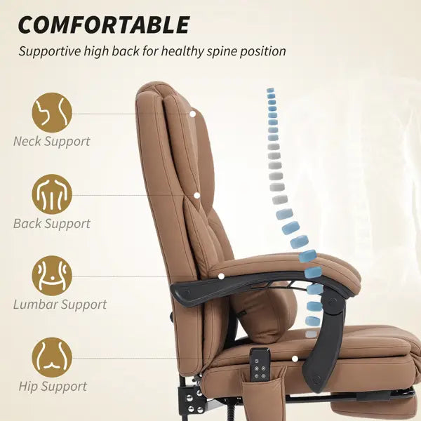 Sillón reclinable de cuero marrón con funciones de soporte ajustables, elaborado en polipiel, diseñado como sillón de oficina para masaje en color marrón