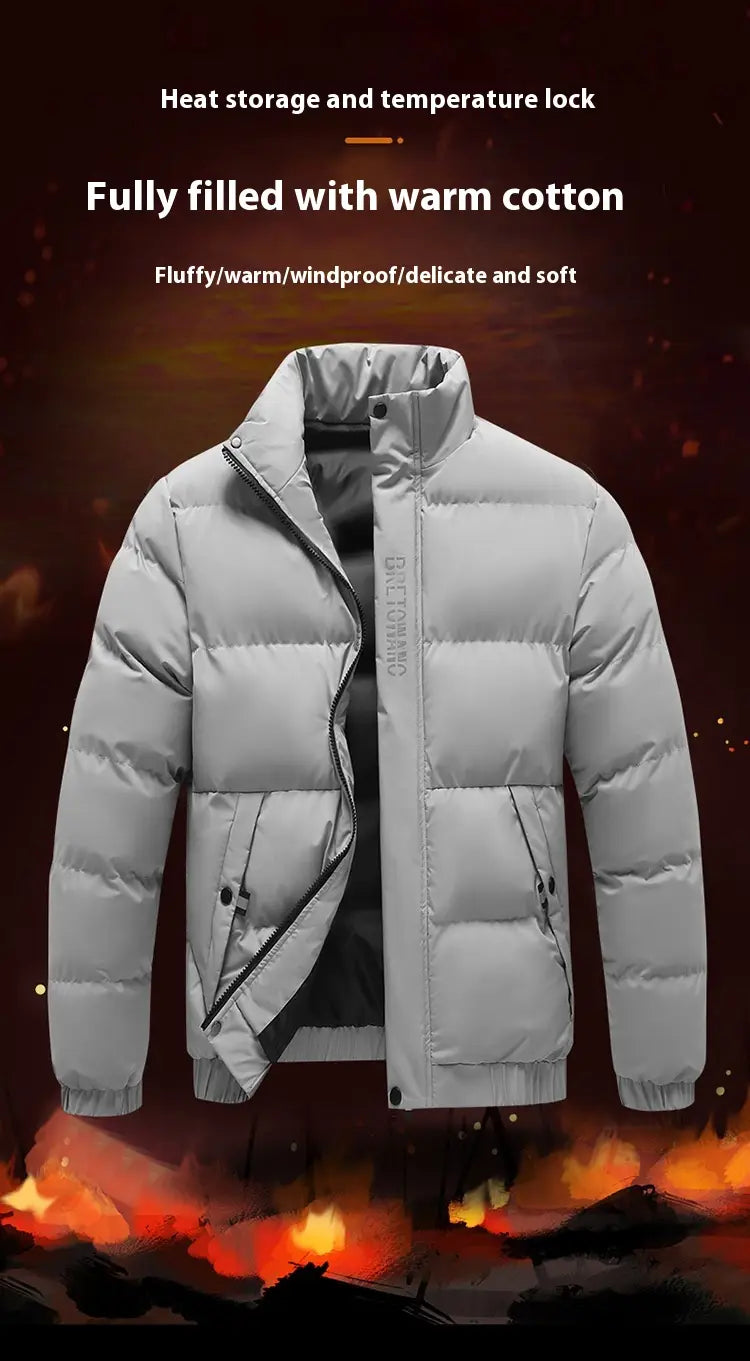 Men’s warm padded down jacket gray in light gray with quilted design and warm cotton lining for cold weather.