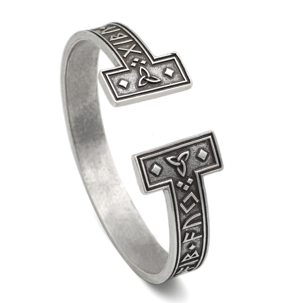 Silver-toned adjustable Viking rune titanium steel open cuff bracelet featuring intricate Norse runes and a Celtic knot design on its cross-shaped open-ended ring ends.