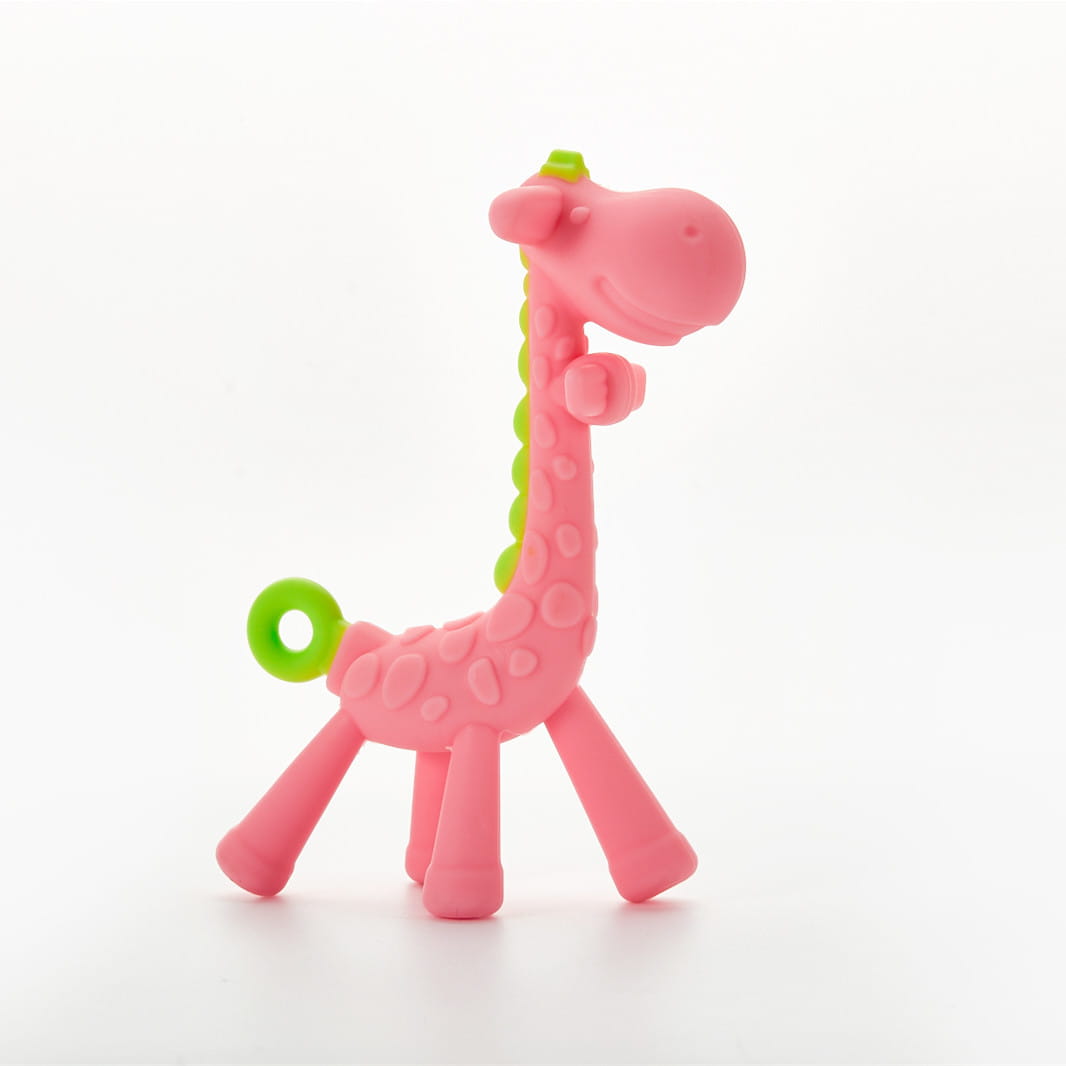 Pink silicone giraffe baby teether with green accents on the neck and tail ring designed as a molar toy for soothing gums.