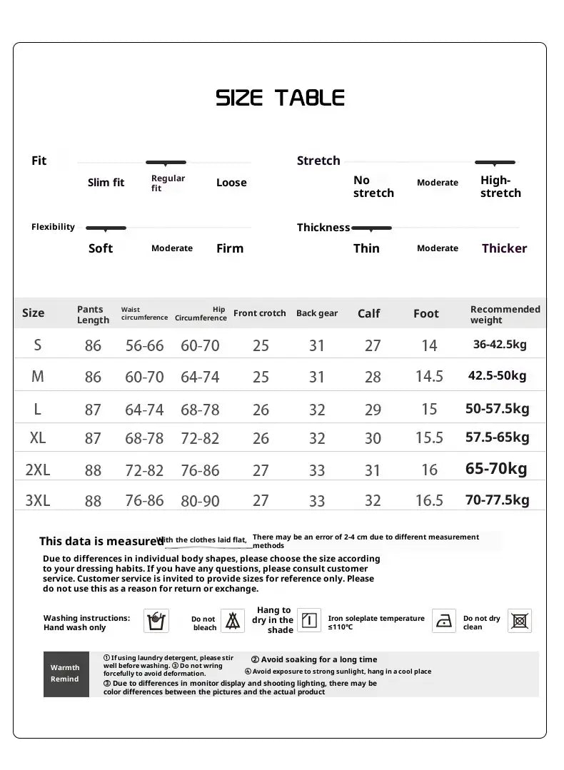 Größentabelle für schwarze Samtfütterte High-Waist-Jeans-Leggings mit Maßangaben und empfohlenen Gewichten für die Größen S bis 3XL.