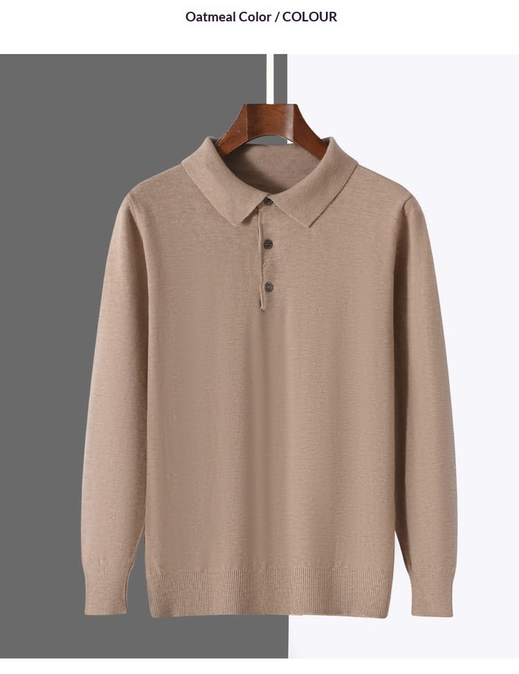 Oatmeal-colored knit polo sweater long sleeve pullover with classic collar and three-button placket.