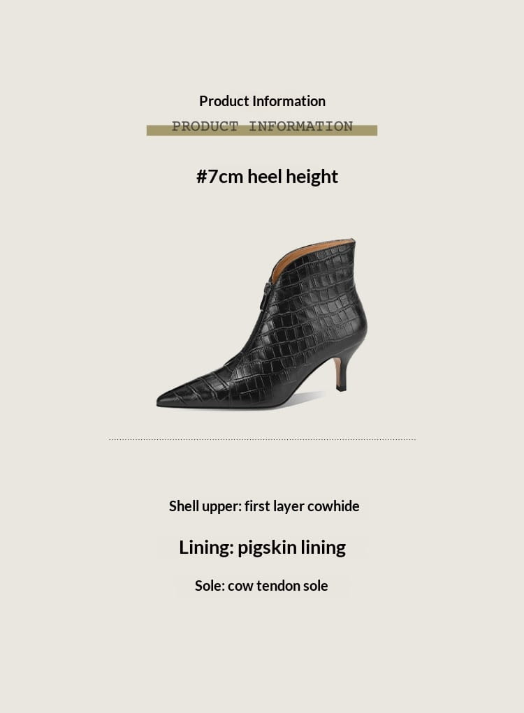 Black croc embossed leather stiletto ankle boot with a 7cm heel featuring cowhide shell and pigskin lining.