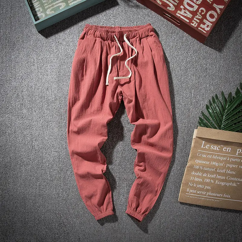 Herren-Slim-Fit-Jogginghosen aus weichem Terrakotta-Ton aus Baumwoll-Leinen mit elastischem Bund und passenden Kordeln