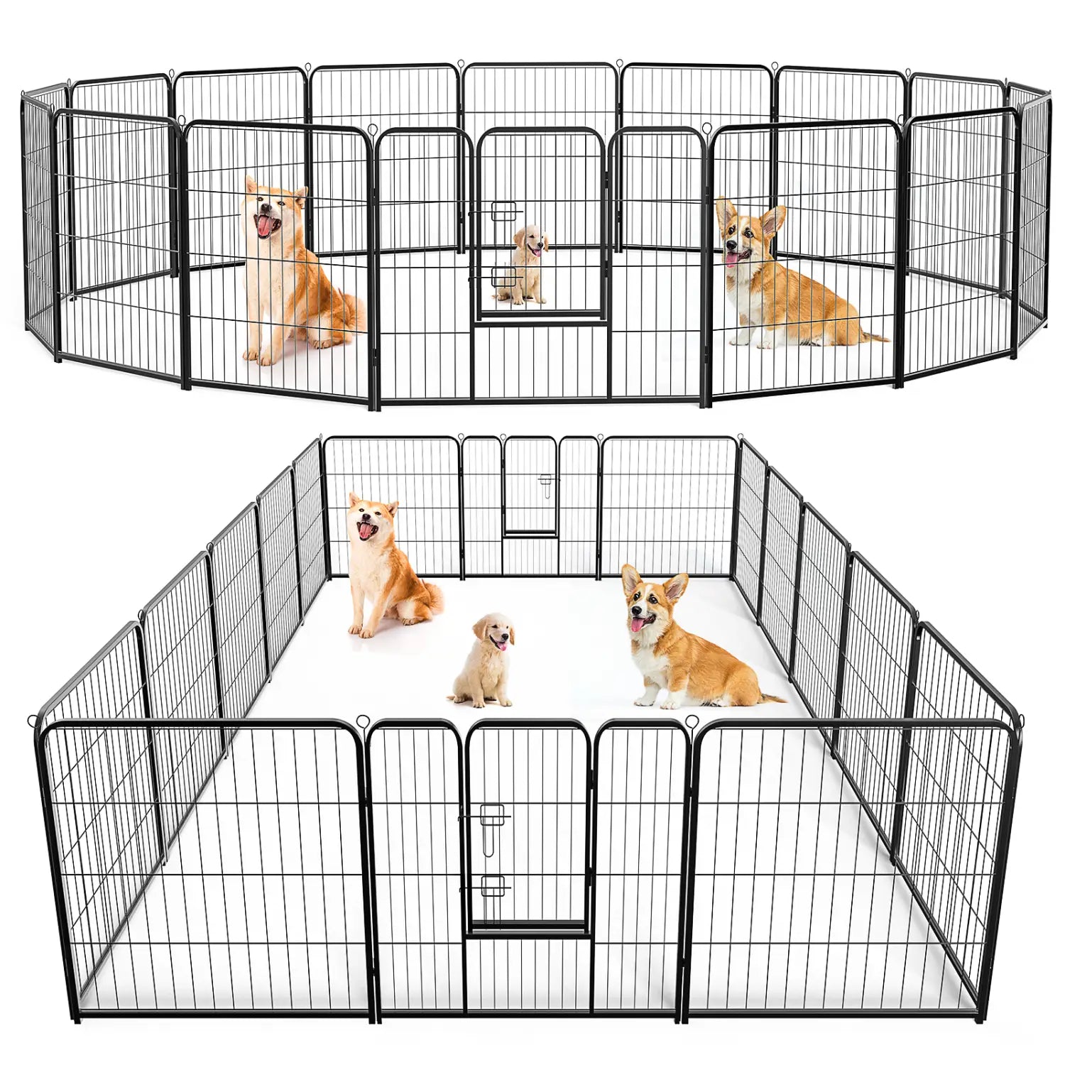 Black metal heavy duty pet playpen with interlocking panels and a gate designed for dog exercise and containment.