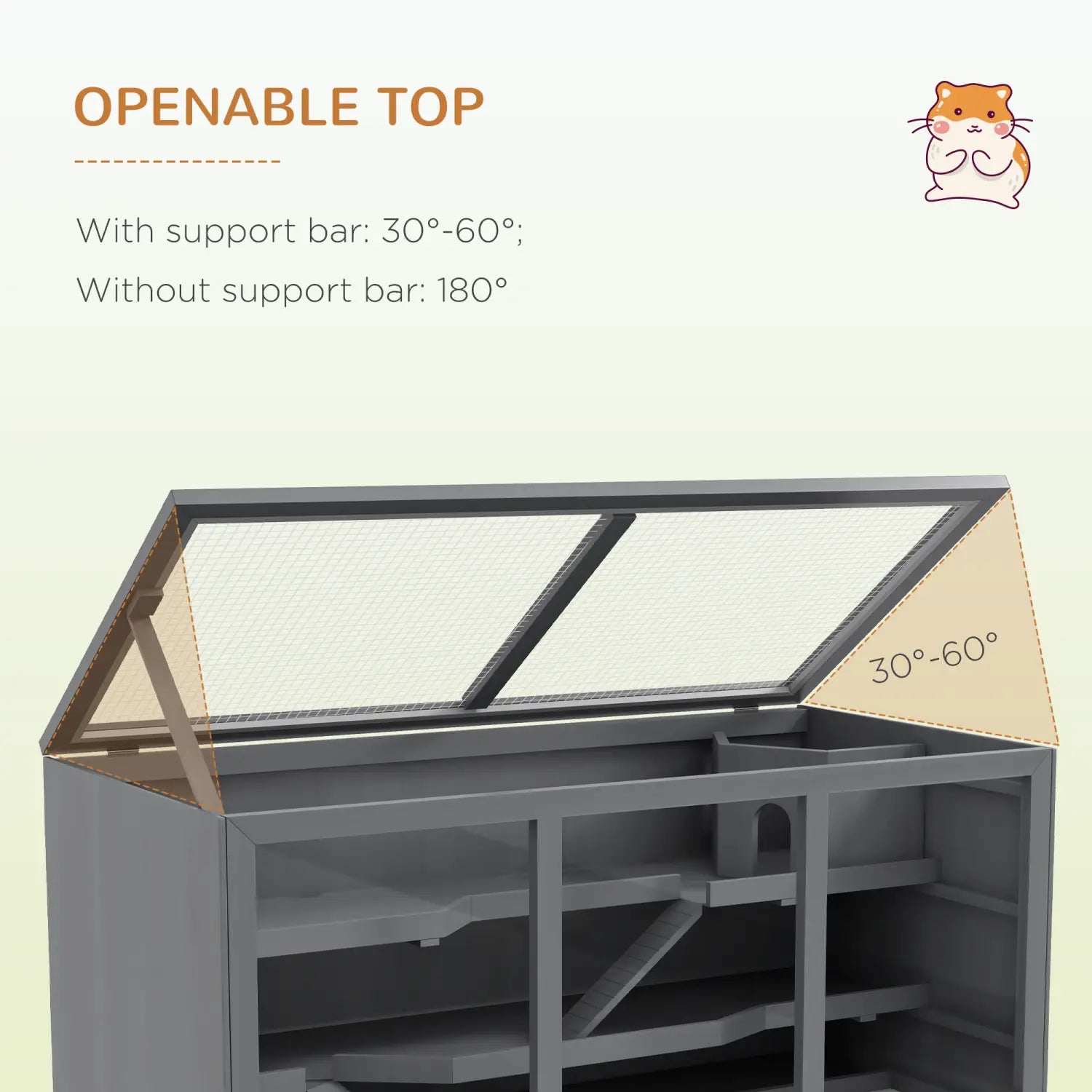 Gray plastic wooden hamster cage with a slanted mesh-covered openable top designed as a multi-level small animal habitat.
