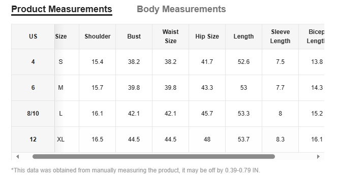 The product measurements table for the short sleeve button down side slit shirt dress lists size specific body dimensions including shoulder, bust, waist, hip, length, sleeve length, and bicep length for sizes s through xl.