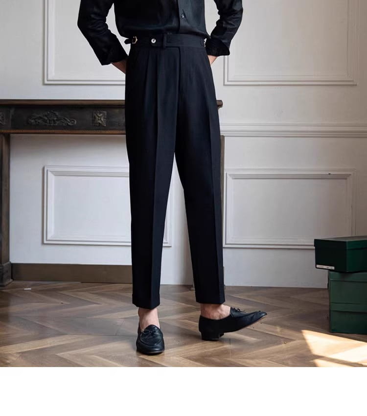 Black slim fit pleated summer linen suit trousers with tailored fit and silver toned belt loops.