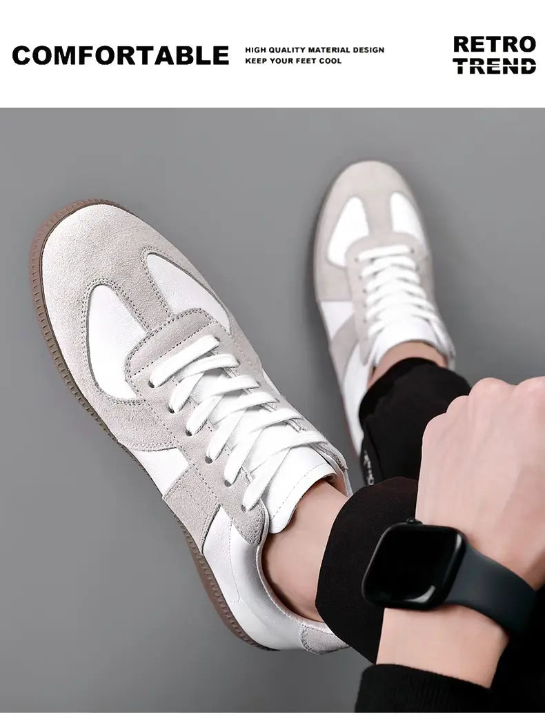 Hellgraue und weiße Veloursleder- sowie Leder-Low-Top-Trainingsschuhe Herren aus Deutschland, Herren-Leder-Casual-Sneaker mit einem Retro-Design.