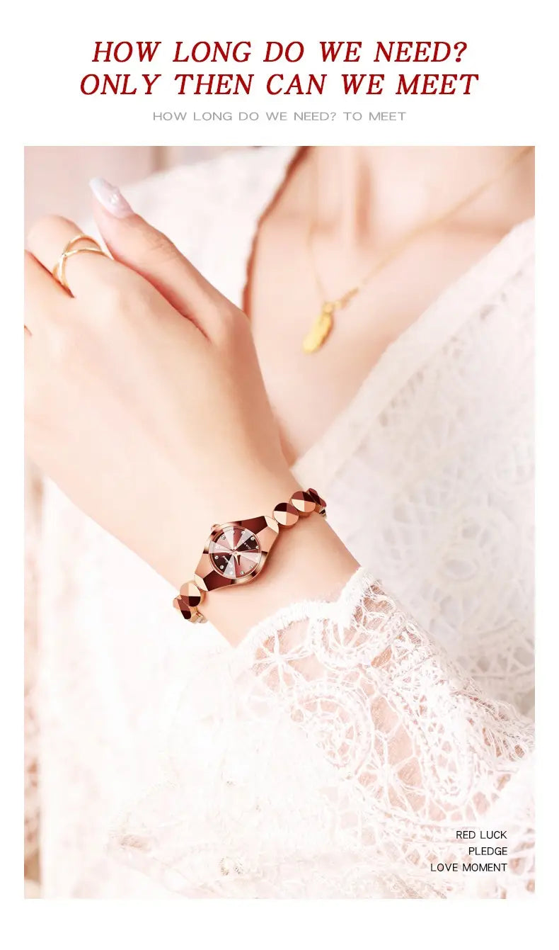 Luxe geometric faceted bracelet watch for women featuring a rose gold case with diamond accents and a deep brown geometric patchwork leather strap.
