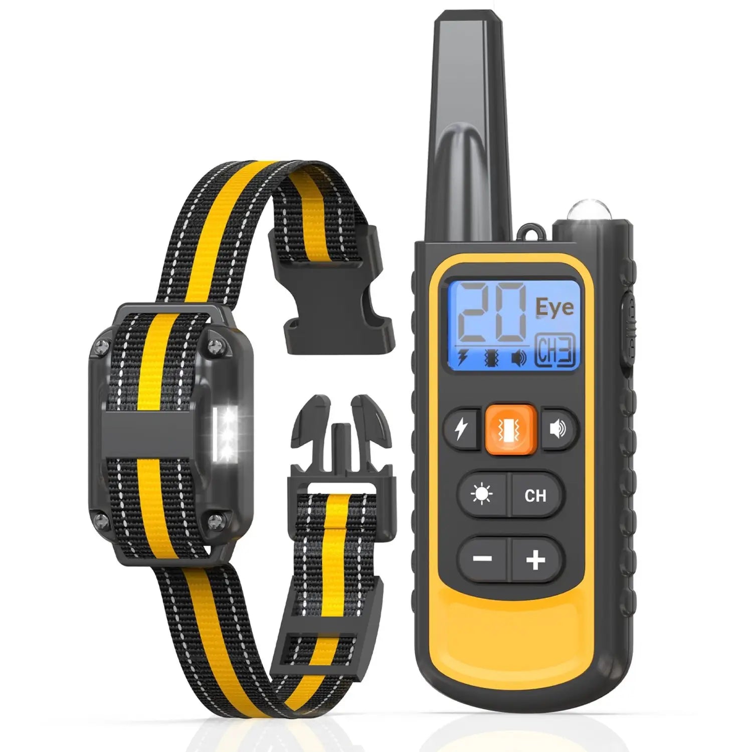 Yellow and black anti bark dog training collar with led light and matching remote control for effective dog behavior management.