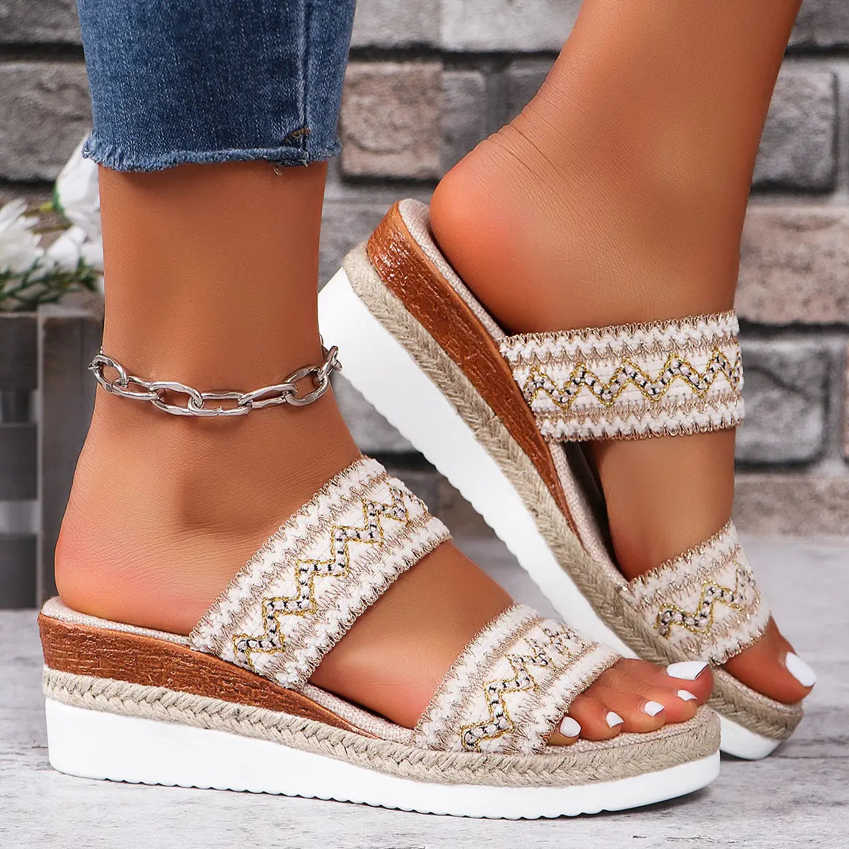 beige woven wavy pattern ethnic wedge espadrille sandals for women with gold zigzag embroidered straps