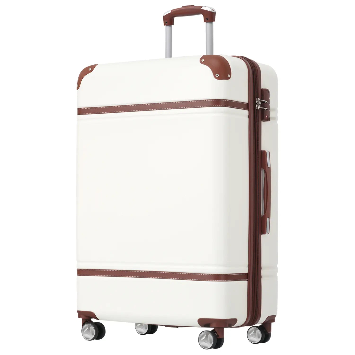 Cream-colored vintage 24 inch hardshell luggage set with brown leather accents and TSA lock in white.