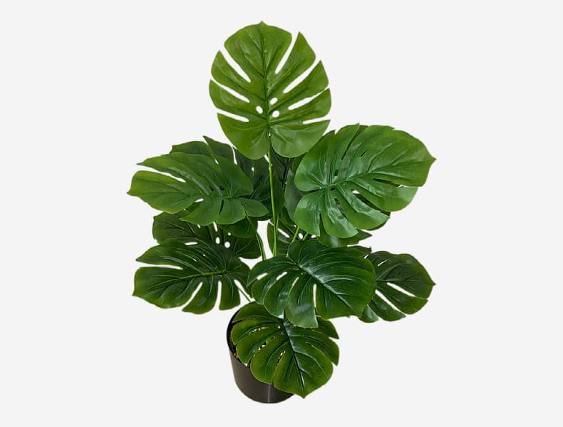 Artificial monstera turtle leaf potted plant garden decor featuring a lush artificial monstera with glossy deep green leaves in a sleek black pot.