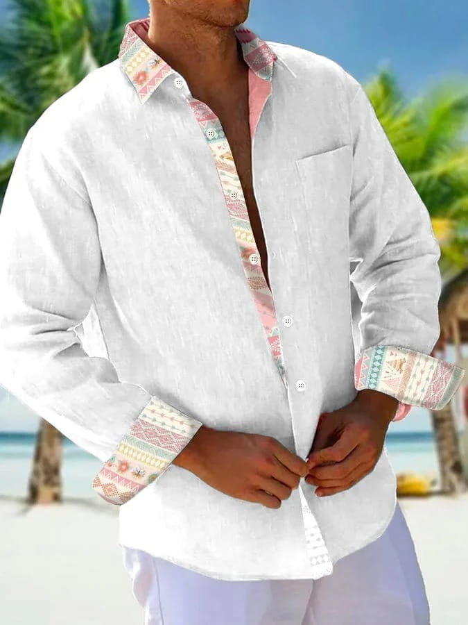 A men beige linen shirt featuring long sleeves and a geometric patterned trim on the collar and cuffs in soft pastel tones.