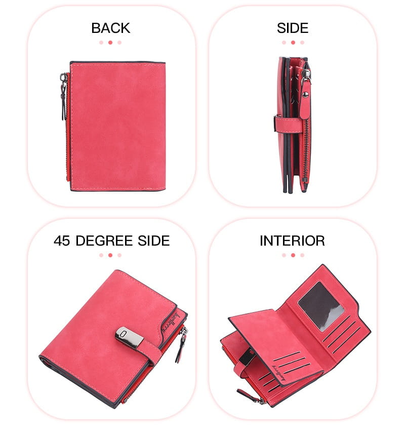 A vibrant pink women’s short faux leather multi slot wallet with textured surface, metallic clasp, and zipper closure.