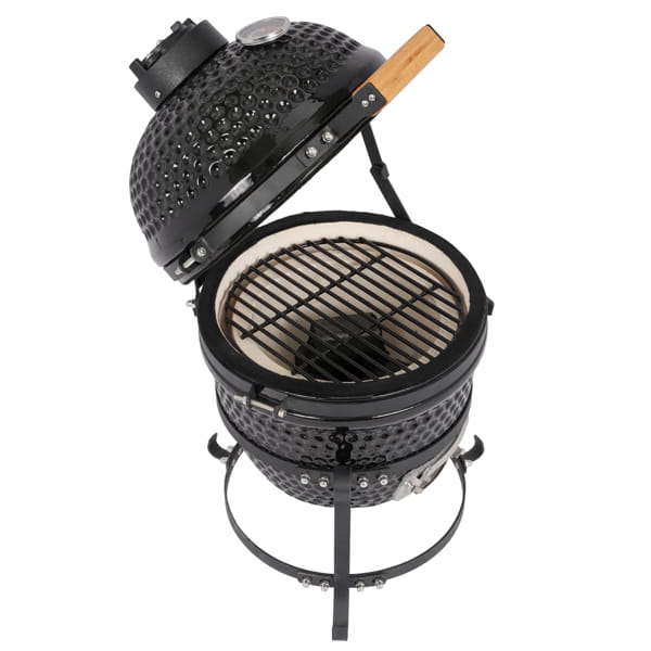 Black ceramic 13 inch kamado charcoal grill with wooden-handled lid and metal grates