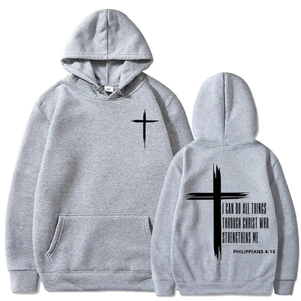 Sweat à capuche gris avec croix noire et verset biblique « Philippiens 4 13 » imprimés à l’avant et à l’arrière, conçu comme un sweat à capuche de type pullover pour homme.