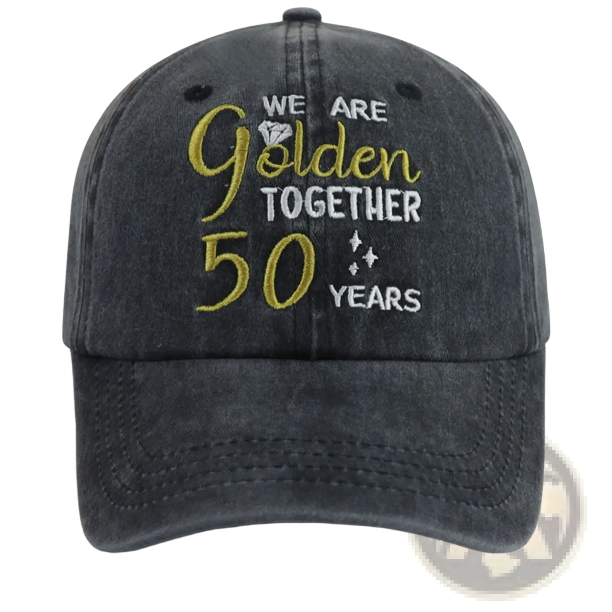 Dark gray denim-style baseball cap with embroidered gold and white text we are golden together 50 years and diamond icon