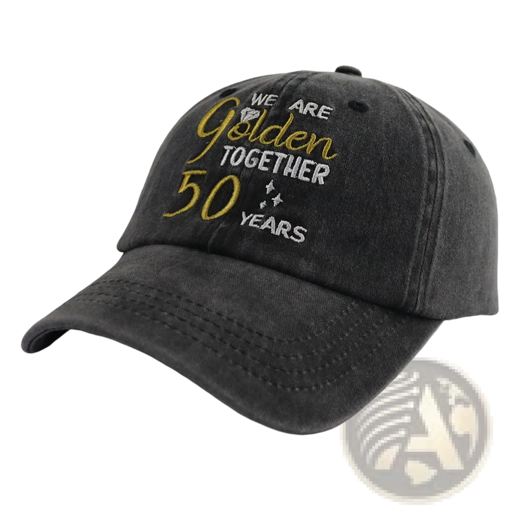 Black distressed cotton baseball cap with gold and white embroidered text we are golden together 50 years 50th anniversary set