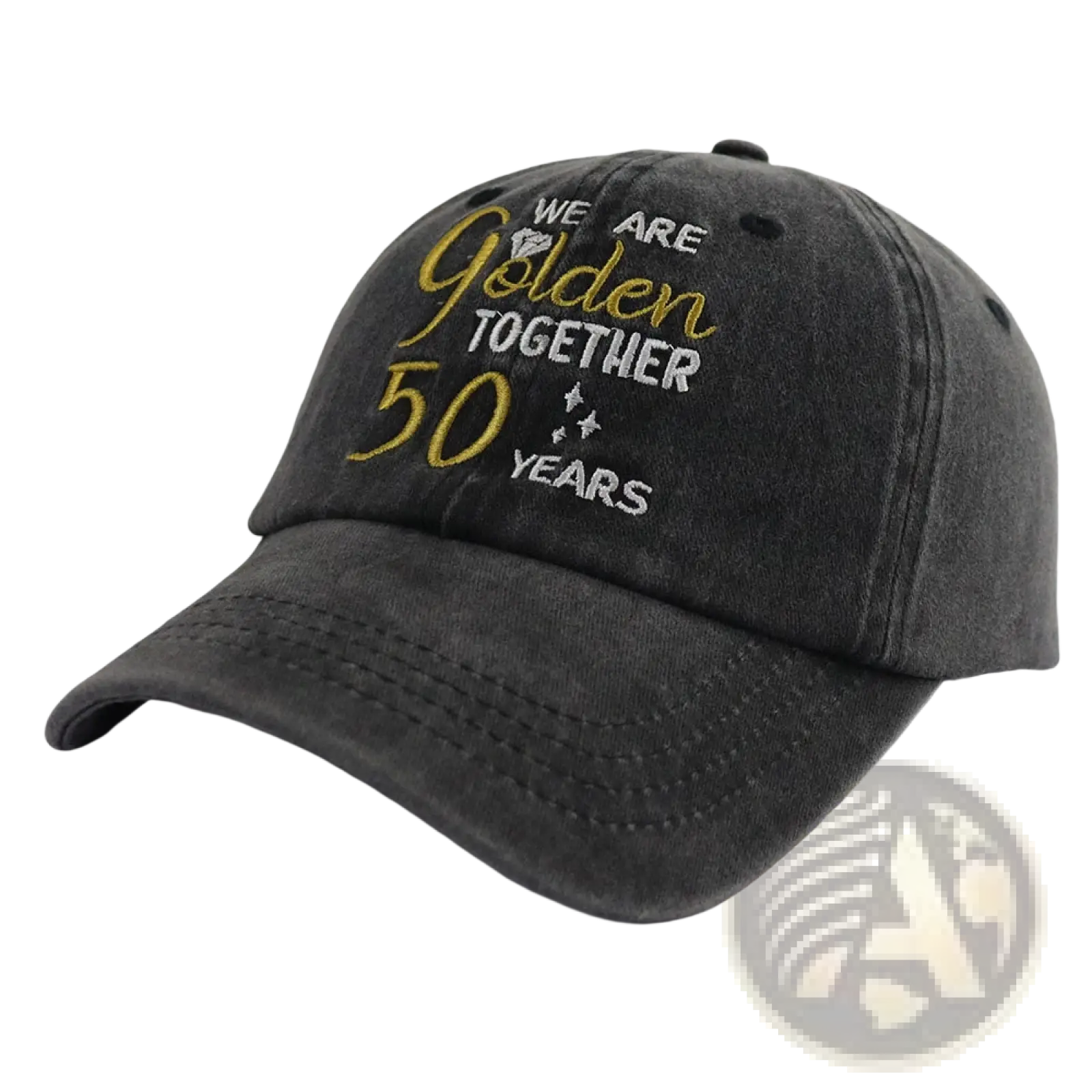 Black distressed cotton baseball cap with gold and white embroidered text we are golden together 50 years 50th anniversary set