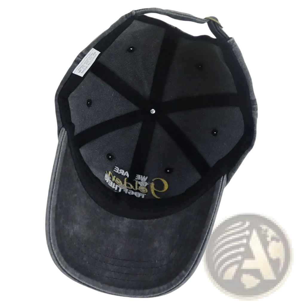 Dark gray denim 50th anniversary couple baseball cap with black fabric brim and gold embroidered lettering front view