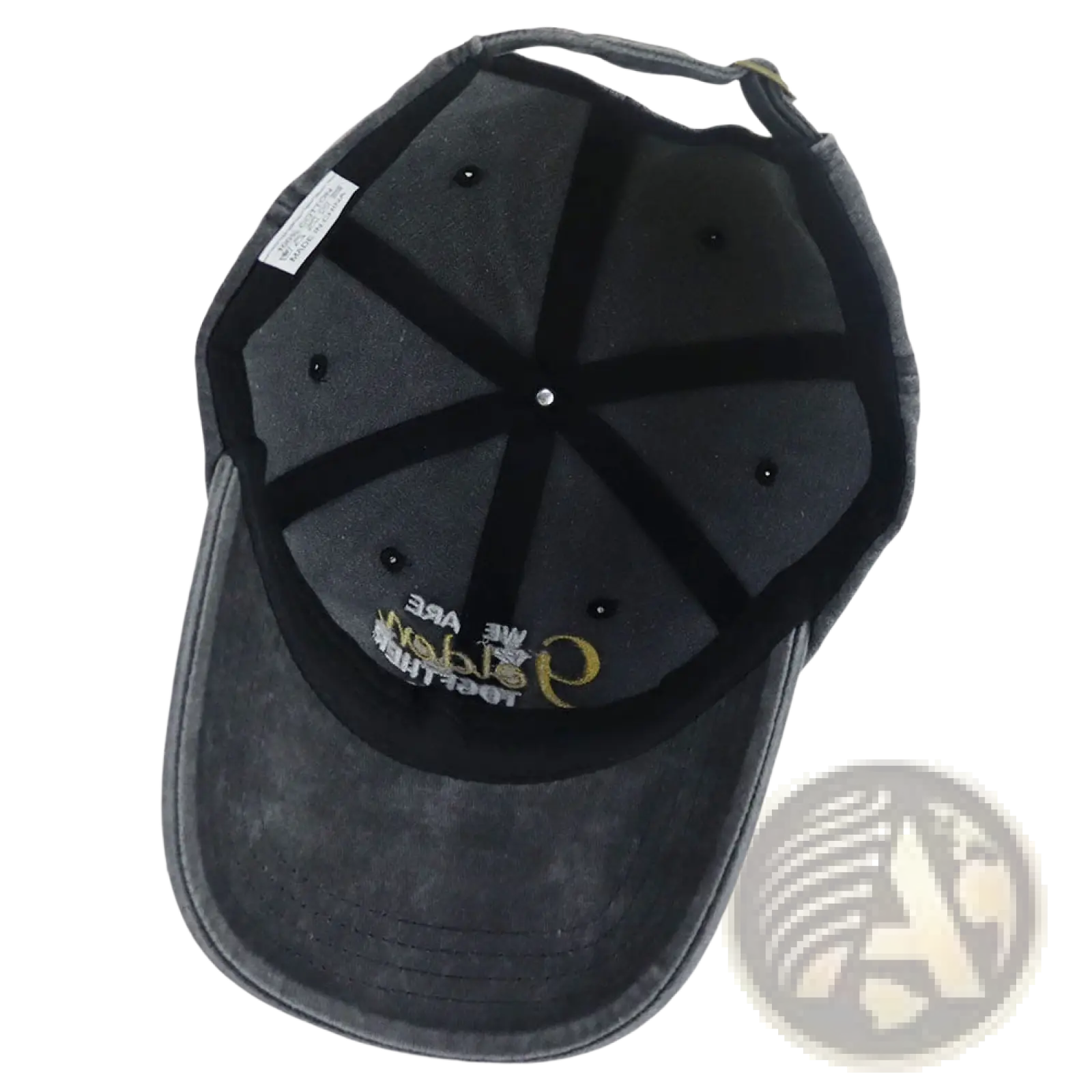 Dark gray denim 50th anniversary couple baseball cap with black fabric brim and gold embroidered lettering front view