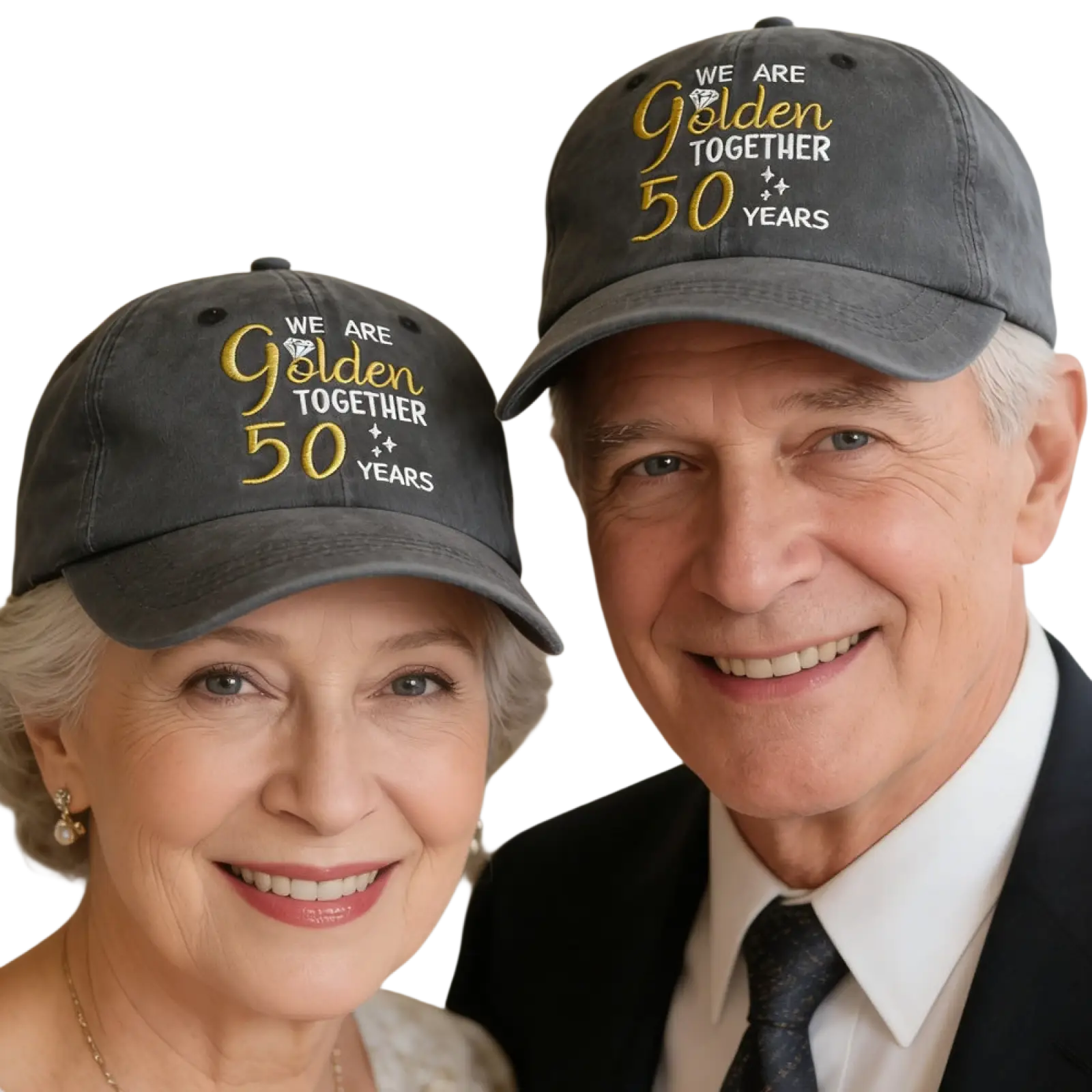 Dark gray cotton baseball caps set with gold embroidered we are golden together 50 years text and diamond icon for couples