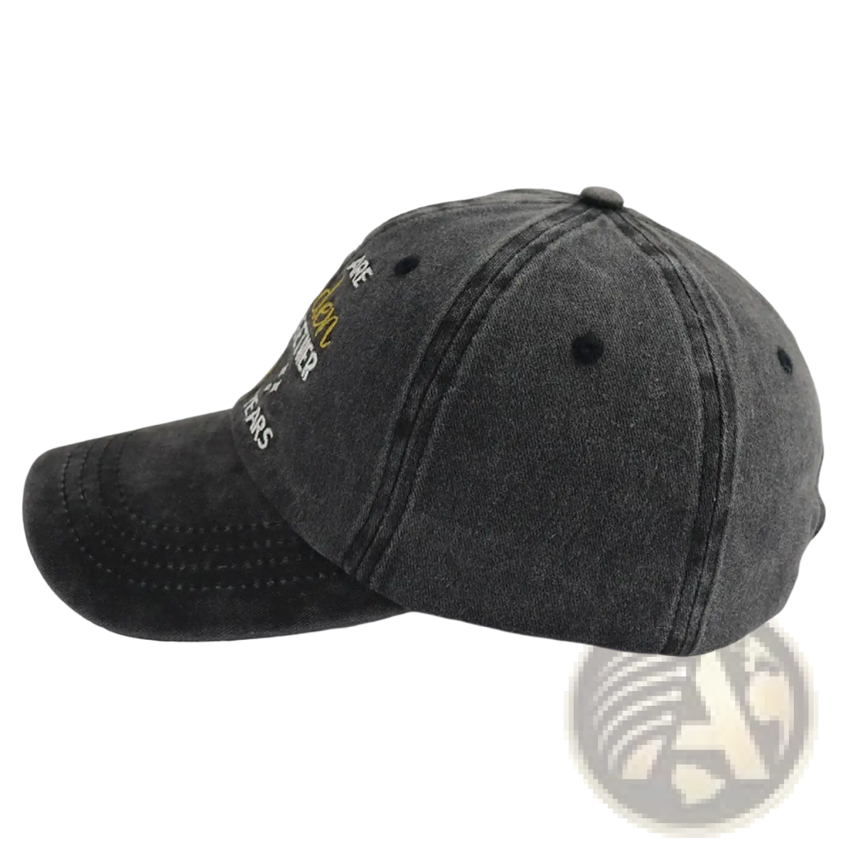 Dark gray distressed cotton baseball cap with yellow and white embroidered text from 50th anniversary couple caps set
