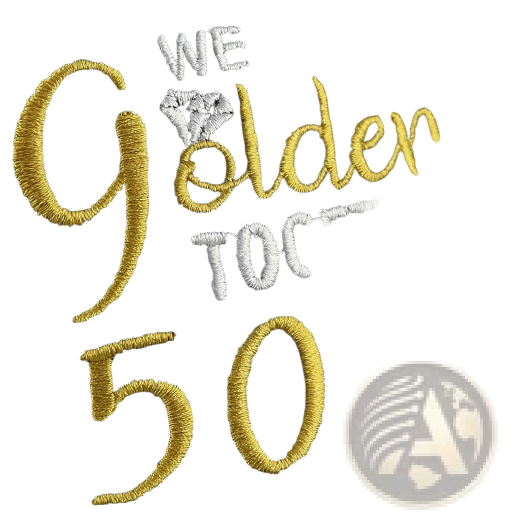 Dark gray fabric 50th anniversary couple baseball cap with gold and white embroidered text and decorative diamond icon