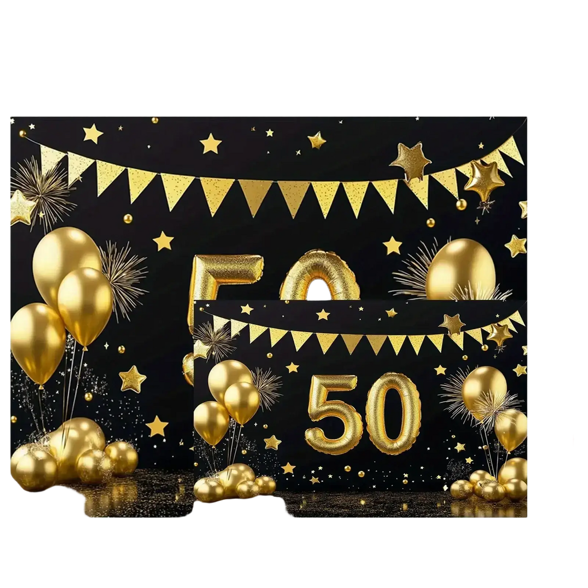 Gold foil balloon anniversary party banner with glittery stars and bunting for 50th anniversary party backdrop
