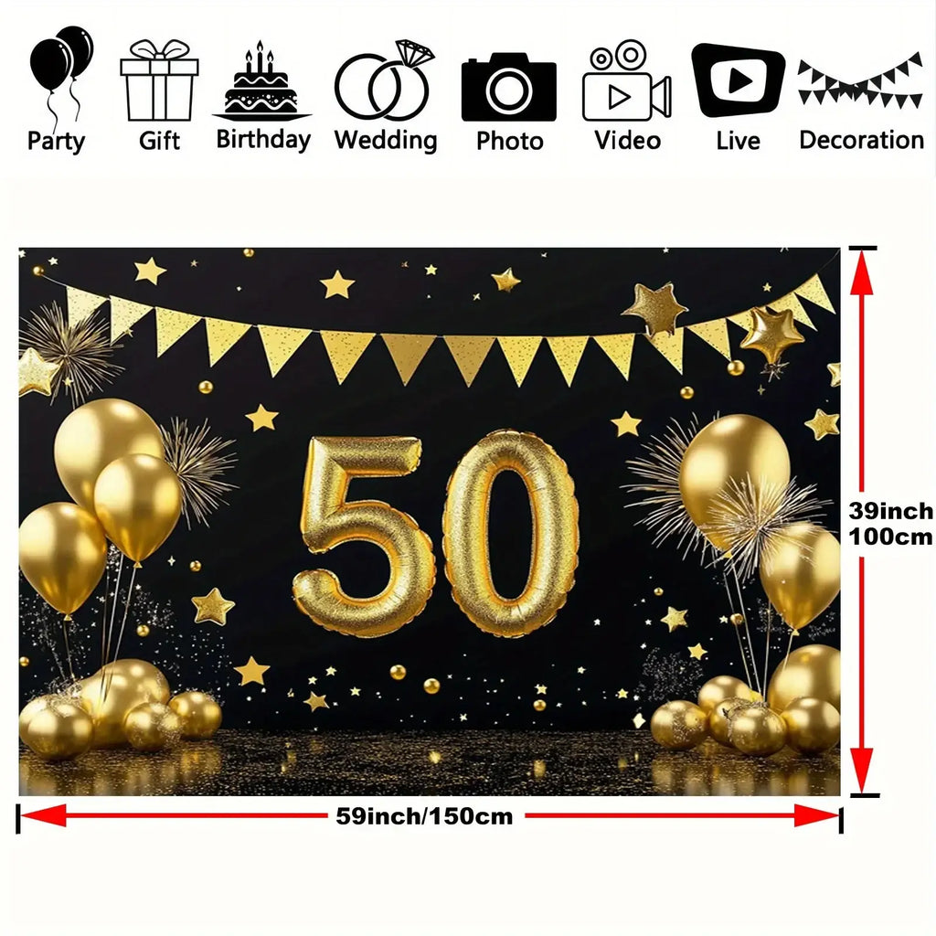 Gold foil number 50 balloon centerpiece with gold confetti and star decorations on black backdrop for 50th anniversary party