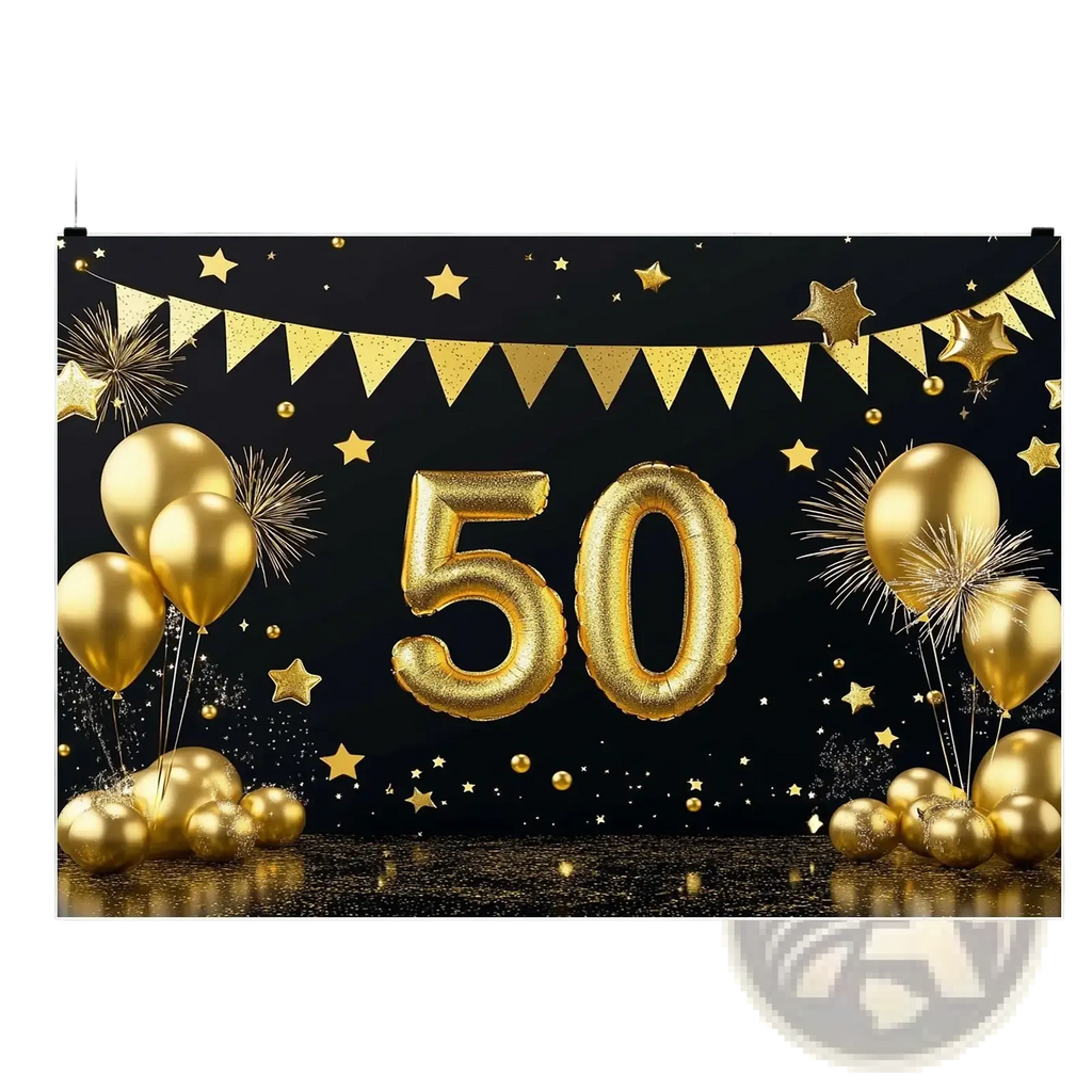 Gold foil number 50 balloon party banner and photo backdrop with festive gold stars for 50th anniversary celebration