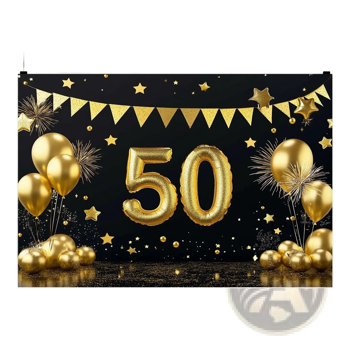 Gold foil number 50 balloon party banner and photo backdrop with festive gold stars for 50th anniversary celebration