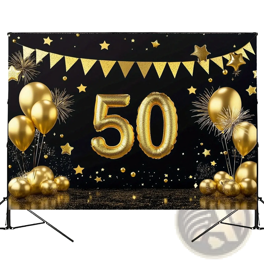 Gold foil number 50 balloon party banner with star and confetti decorations for 50th anniversary photo backdrop