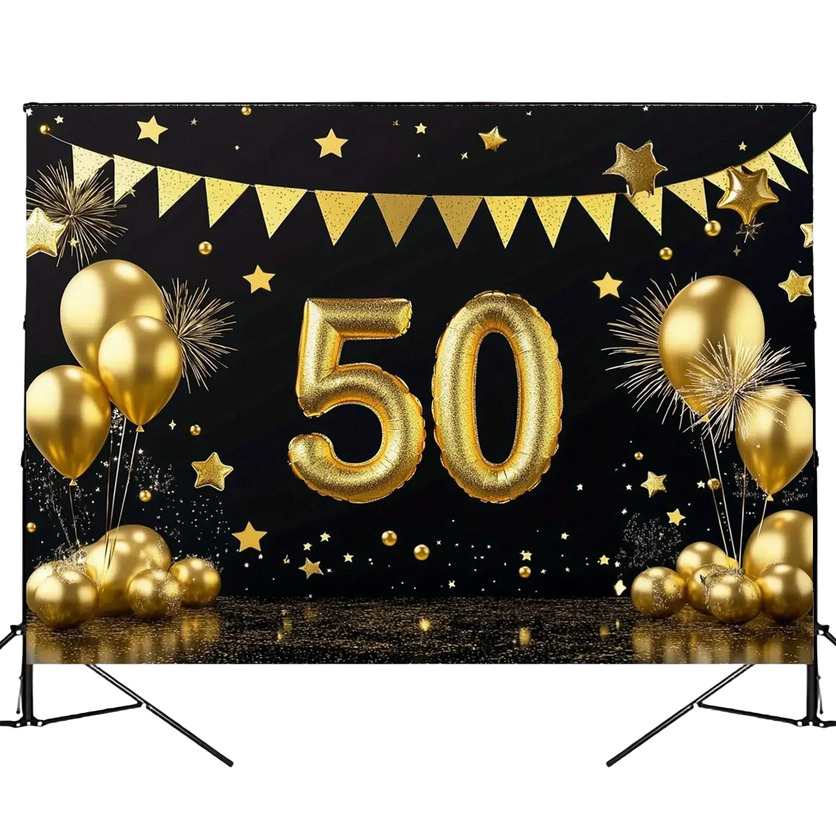 Gold foil number 50 balloon party banner with star and confetti decorations for 50th anniversary photo backdrop
