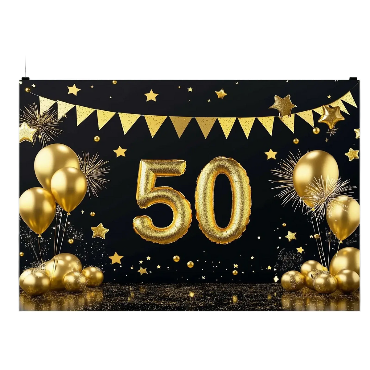Gold foil number 50 balloon party banner and photo backdrop with festive gold stars for 50th anniversary celebration