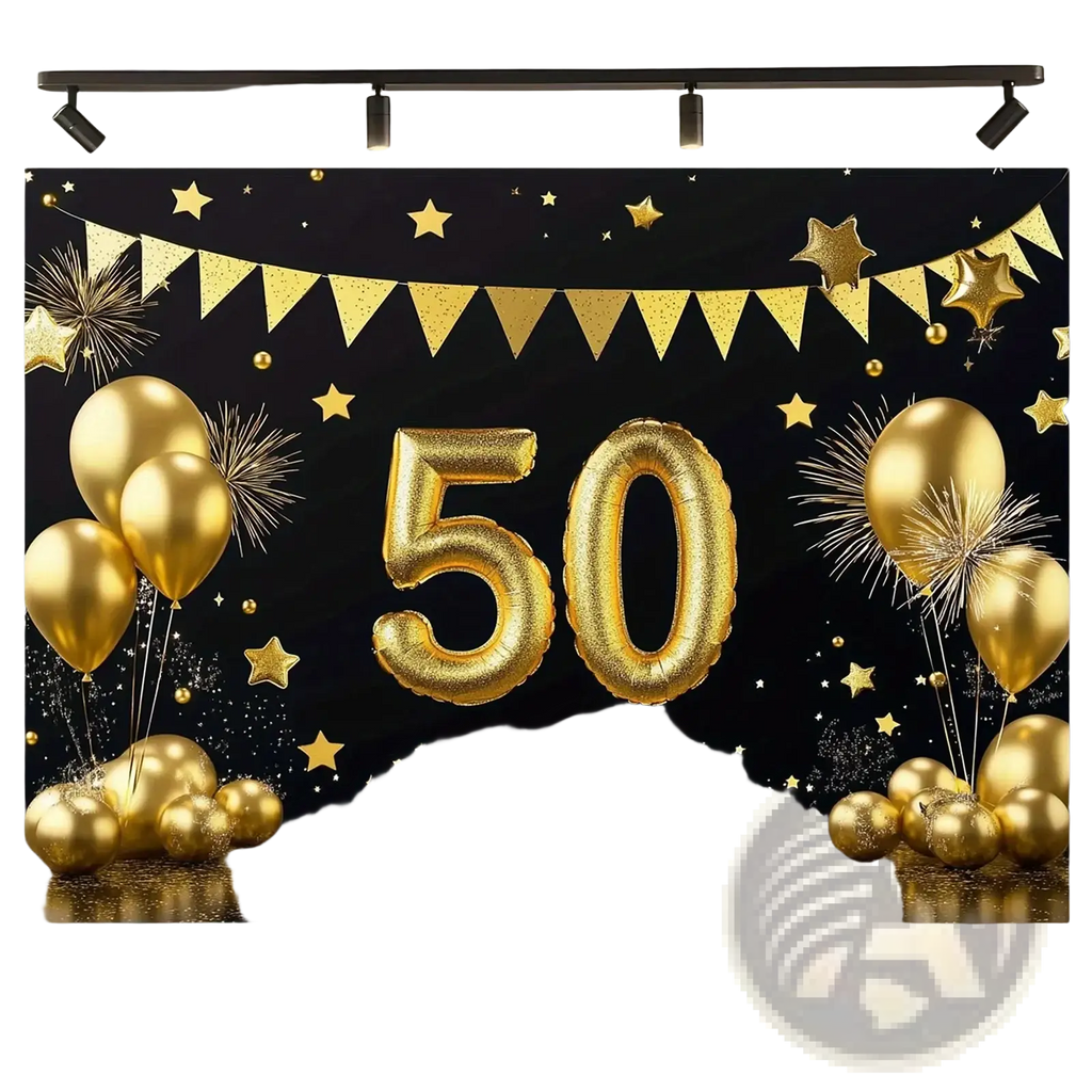 Golden foil balloon number 50 with star and firework decorations for 50th anniversary party banner and photo backdrop