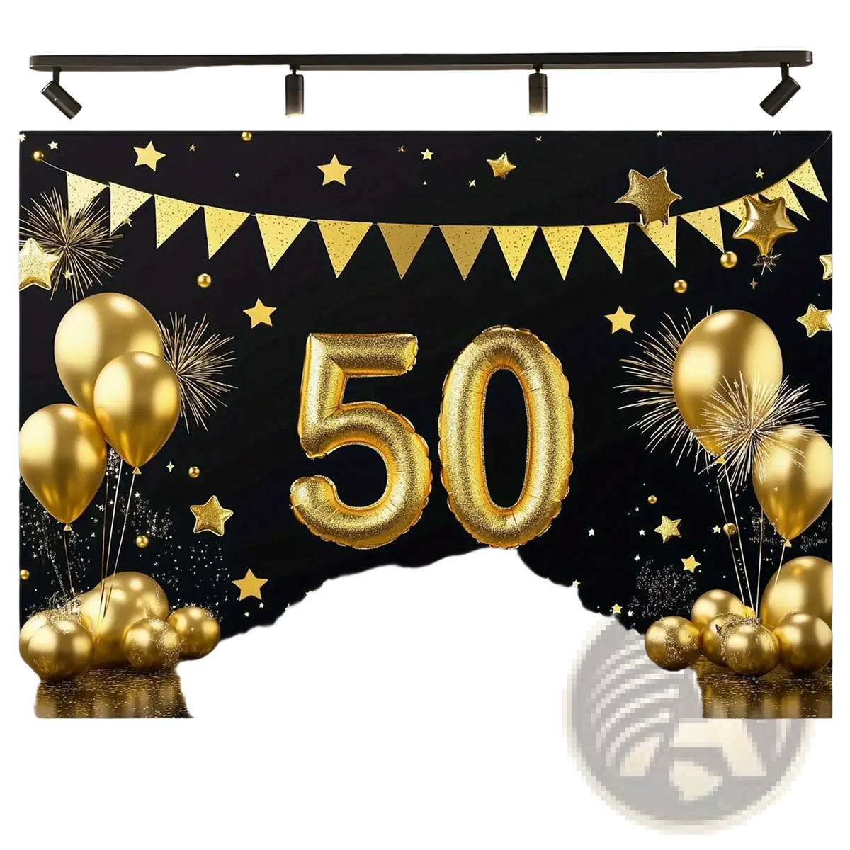 Golden foil balloon number 50 with star and firework decorations for 50th anniversary party banner and photo backdrop