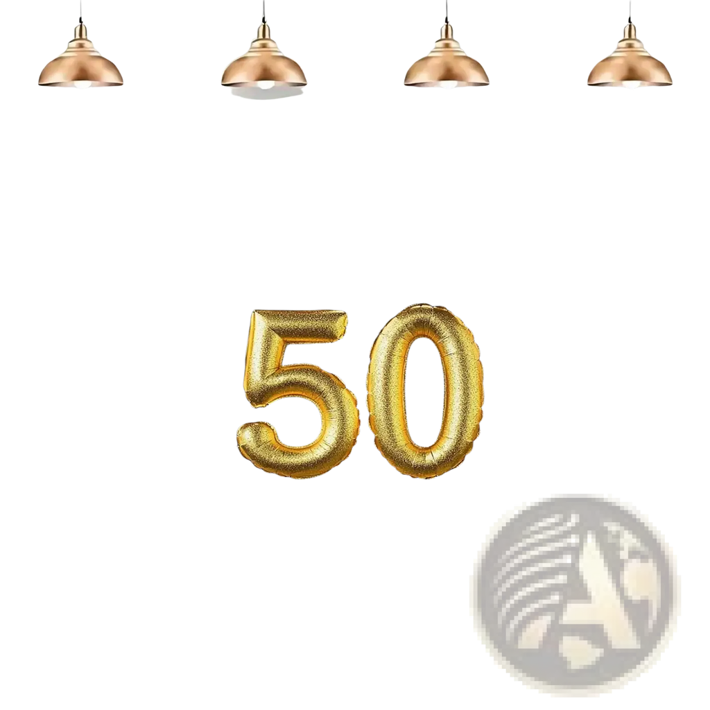 Golden foil balloon number 50 with shiny metallic finish for 50th anniversary party banner and photo backdrop