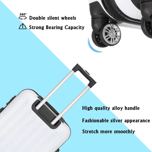 White hard shell spinner suitcase with silver alloy handle and black wheels from a white 3 piece hard shell spinner suitcase set.